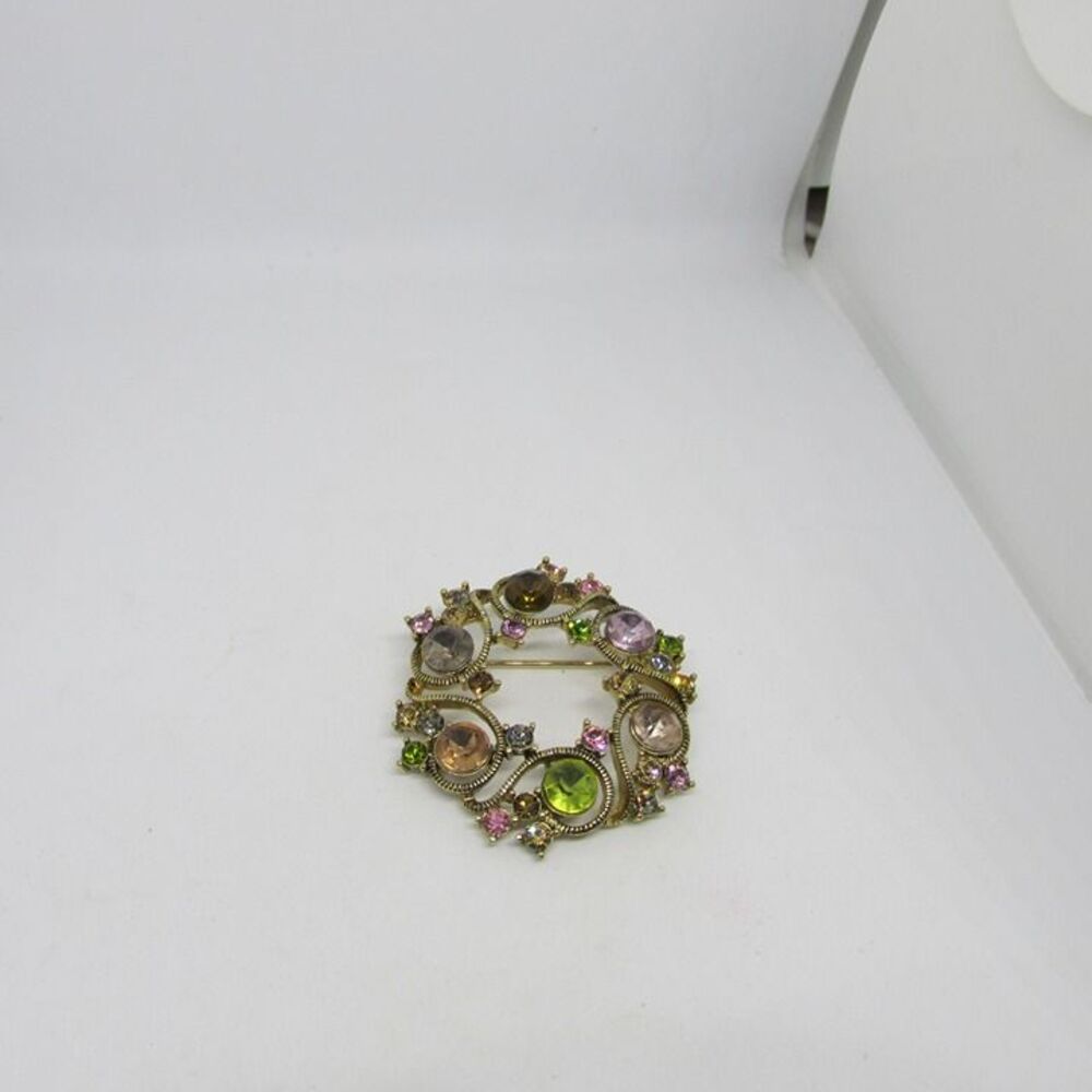 Vintage Monet Rhinestone Wreath Brooch Multicolored Gold Tone Fall Collectible